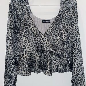 SHOP NEIGHBOR - Black and Gray Leopard Print Blouse with Ruffled Peplum
